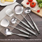 304 18/10 Stainless Steel Kitchen Utensils Set 9 Pcs Long Cooking Utensil, Spatula, Soup spoon, Leaking shovel, Ladle, Tunner, Pasta Server, Meat Fork Kitchen Tools Set (9 Pieces Set)
