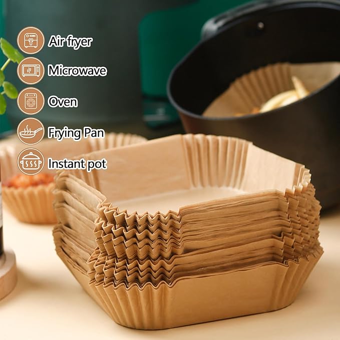 10 Inch Air Fryer Liners Disposable, 200Pcs Air Fryer Paper Liners, Oil-Proof & High-Temperature Resistant Parchment Baking Paper for Air Fryer, Microwave and Oven（Bottom Is 9 Inch）