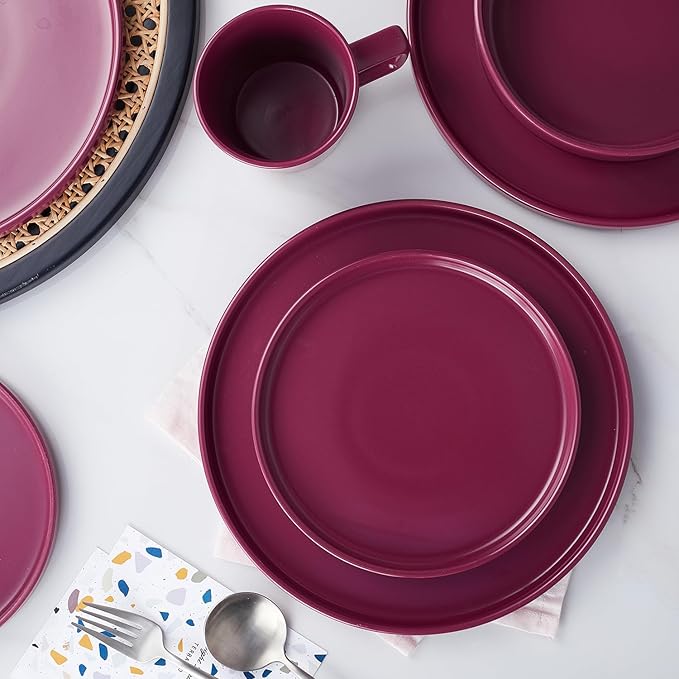 Stone Lain Cleo Modern Stoneware 16-Piece Dinnerware Set, Plates and Bowls Set, Dish Set Service For 4, Magenta