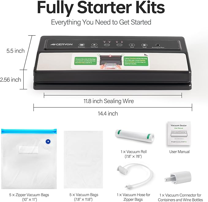 GERYON Vacuum Sealer Machine – Automatic Food Vacuum Sealer for Dry & Moist Food, Compact with LED Touch Panel, Includes Zipper Bags & Roll, Perfect for Sous Vide & Freezer Storage (Silver)
