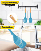 Pack of 2 Large Silicone Spatula, Heat Resistant Solid Turner, Non Stick Slotted Spatulas with Wooden Handle, Ideal Kitchen Utensils for Flipping, Pancakes, Eggs, Fish(BLUE)