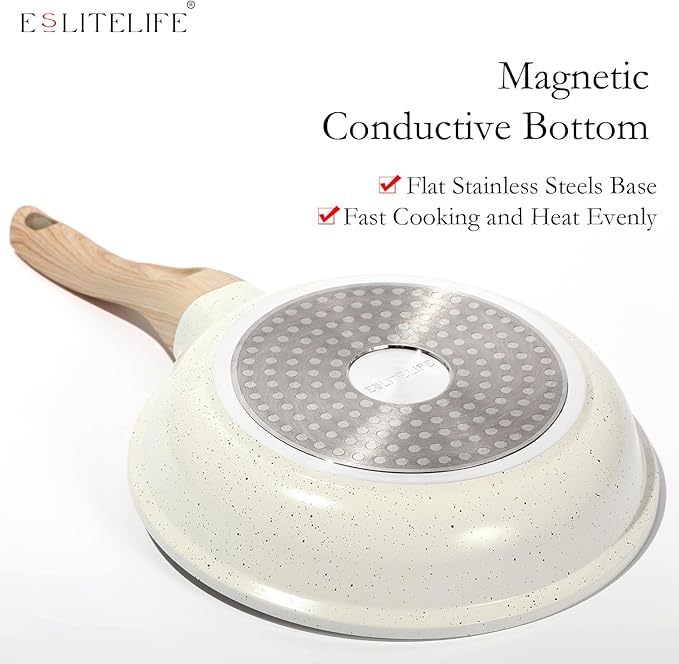 ESLITE LIFE Nonstick Ceramic Frying Pan Skillet, Non-Toxic Egg Omelette Kitchen Cooking Pans Compatible with All Stovetops (Gas, Electric & Induction), PTFE & PFOA Free (White, 8'')