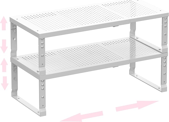 Metal Stackable Expandable Storage Shelf - Multi-Functional Home Storage Shelf, Suitable for Kitchen, Cabinet，Bathroom, Office, Garage, etc.（2PACKS/White/Large