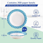 MUCHII 12 Oz Paper Bowls 200 Counts Disposable Bowls, Printed Soak Proof Small Bowls for Breakfast, Lunch, and Dinner Meals