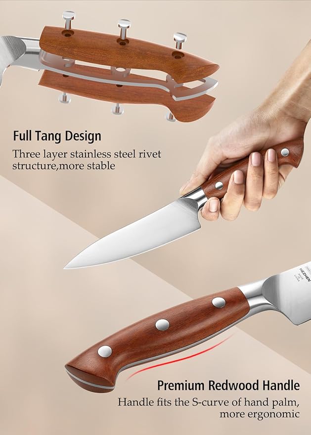 HEZHEN Petty Knife - 5.3” Chef Utility Knife, High Carbon German 1.4116 Stainless Steel Blade, Full Tang, Red Wood Handle, Premium Gift Box,