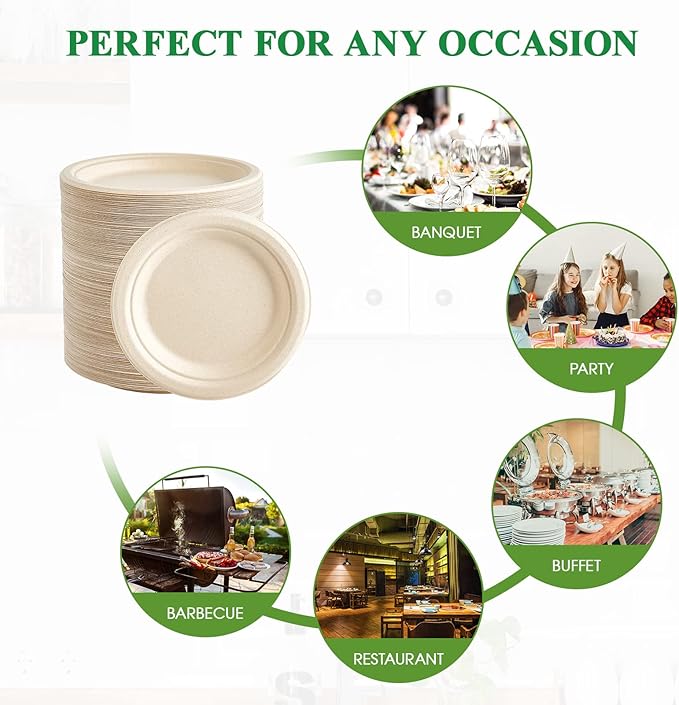 Vplus 350 Pack Paper Plates 7 inch 100% Compostable, Heavy-Duty Disposable Paper Plates Bagasse Natural Biodegradable Eco-Friendly Sugarcane