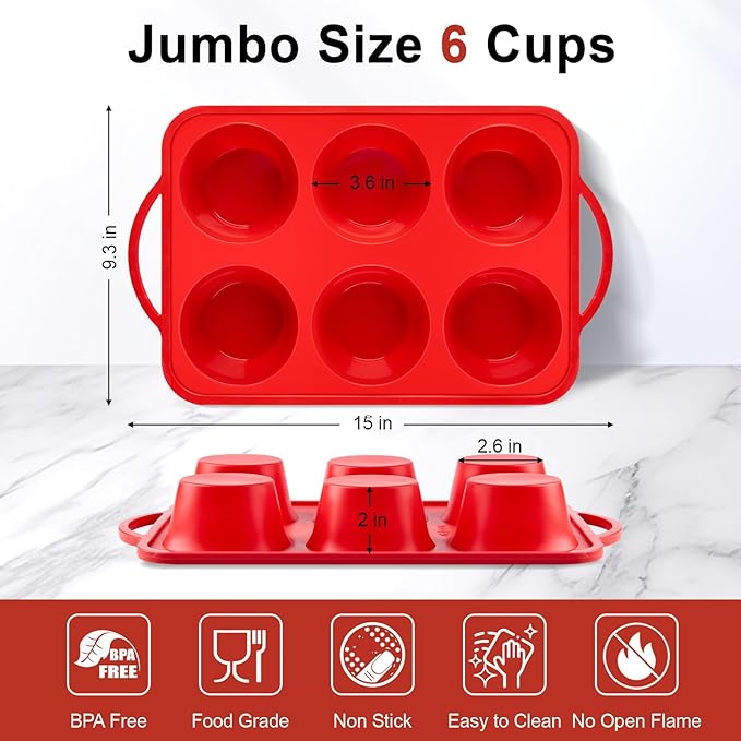 2 Pack Jumbo Muffin Pans with Metal Frame, 6 Cup Large Cupcake Molds with Handles, Silicone Egg Bite Baking Trays, BPA Free & Non-Stick