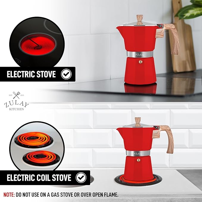 Zulay Kitchen Stovetop Espresso Maker - Moka Pot 6 Espresso Cups - Percolator Coffee Maker for Classic Cuban & Italian Style Espresso - Portable Coffee Maker for Camping & Travel - (Red)