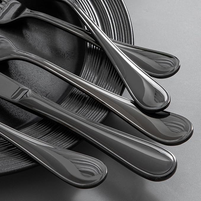 KINGSTONE 20 Piece Teardrop Silverware Set for 4, 18/10 Stainless Steel Flatware Set, Modern Design Cutlery Set for Home/Hotel/Wedding,Mirror Polished and Dishwasher Safe, Black