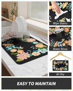 AMOAMI Coffee Mat Hide Stain Rubber Backed Absorbent Dish Drying Mat for Kitchen Counter - Bar Accessories Fit Under Coffee Maker, Espresso Machine, Dish Rack - Floral Black 12x19