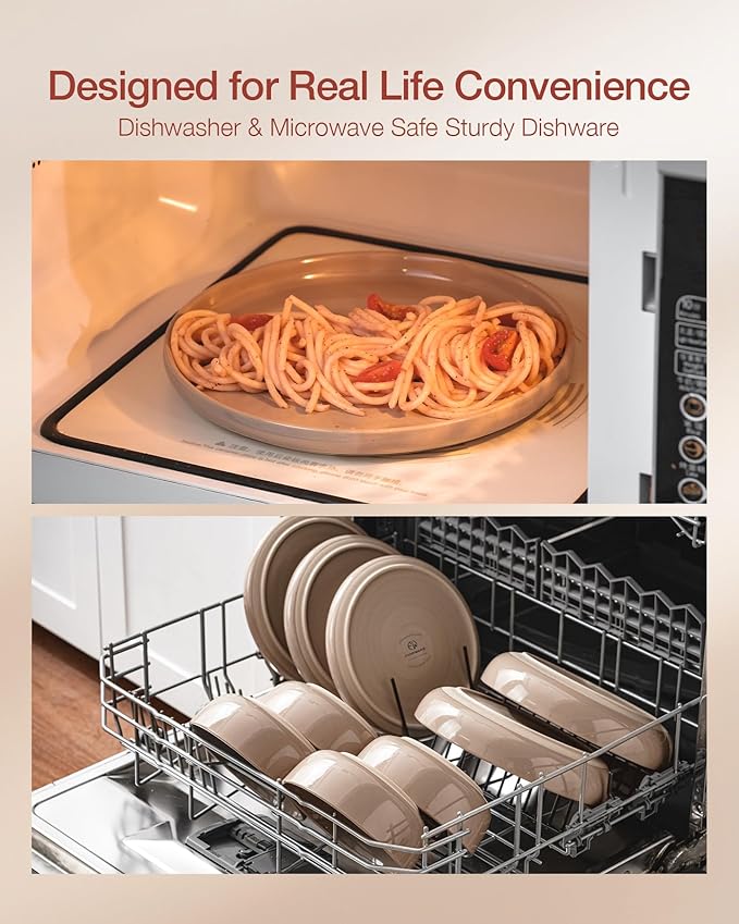 Famiware Milkyway Stoneware Dinnerware Sets with Pasta Bowls, Service for 4 (16 Pieces), Plates and Bowls Sets -Scratch Resistant, Microwave and Dishwasher Safe Dishes Set, Cinnamon Brown
