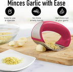 Angel's Peel Lounge Stainless Steel Garlic Press Rocker Set with Silicone Garlic Peeler & Cleaning Brush – Garlic Chopper, Mincer, Grater, Crusher – Easy for Crushed Cloves – Rust-Resistant, Red