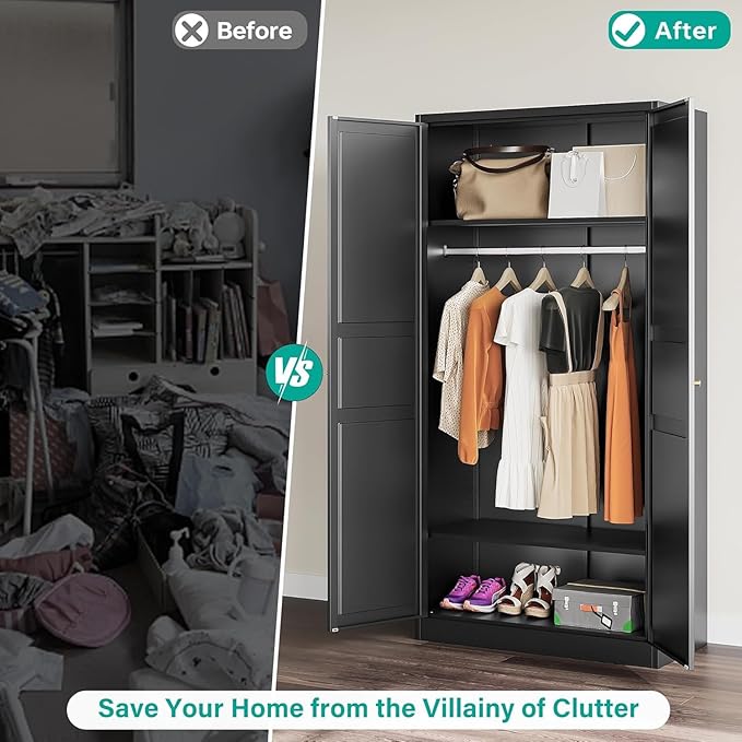 SISESOL Metal Wardrobe Cabinet with Hanging Rod,Black Armoire Wardrobe Closet,Metal Clothing Storage Cabinet with Adjustable Shelves and Doors,72" Cloth Storage Cabinets for Home,Living/Laundry Room