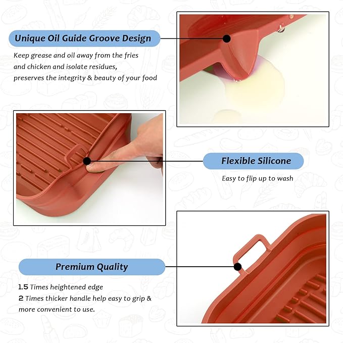 Silicone Air Fryer Liners Square - Reusable Airfryer Silicone Basket - Easy to Clean Air Fryers Silicone Pot for 5.8 to 8 Qt Air Fryer Baking Tray Oven Accessories, 8.5 Inch Large(Red)