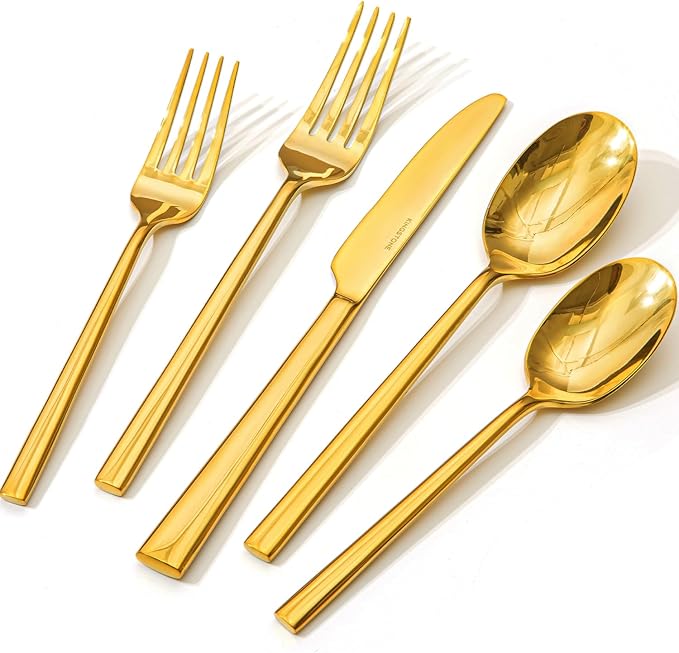 KINGSTONE Gold Silverware Set, 20-Piece Forged Flatware Set Cutlery Set Premium Stainless Steel, Service for 4, for Kitchen, Home, Wedding, Party, Mirror Polished and Dishwasher Safe