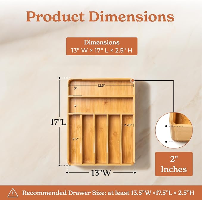 SMIRLY Silverware Drawer Organizer – Bamboo Kitchen Drawer Organizer, Adjustable Utensil Holder and Cutlery Tray, Drawer Dividers for Flatware and Kitchen Utensils