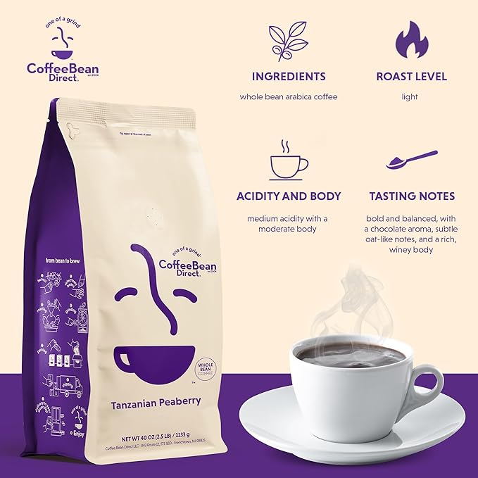 Coffee Bean Direct Tanzanian Peaberry, Whole Bean Coffee, Light Roast, 2.5 Pound Bag (Pack of 1)