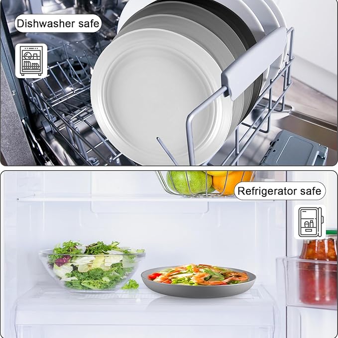 12 Pcs Unbreakable Deep Dinner Plates Set, 9 inch Reusable Plastic Wheat Straw Plates, Microwave and Dishwasher Safe Plate for Kitchen, Lightweight Plate for Dessert, BPA Free, Black