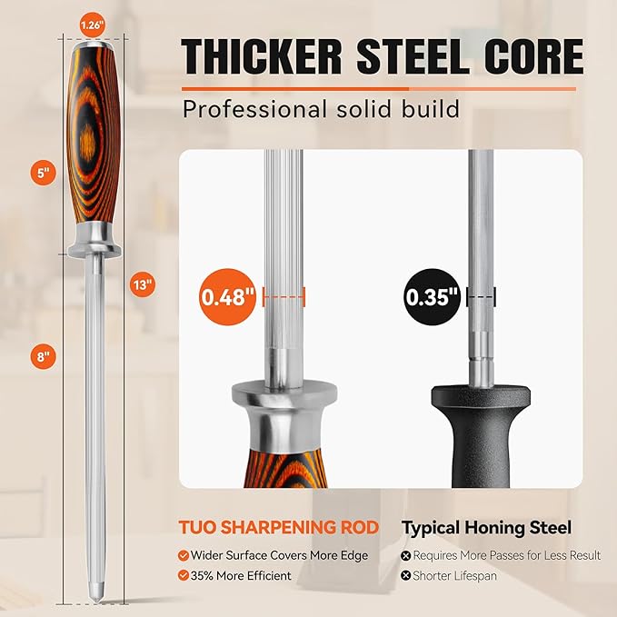 TUO Honing Rod, Sharpening Steel with Larger Diameter for Kitchen Knife Daily Sharpening Maintenance, High Carbon Steel Knife Sharpener Rod, Ergonomic Handle, 8 inch