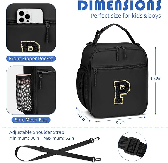 Initial Insulated Lunch Bag for Boys Kids, Back to School Gift, Reusable Leak-proof Lunch Box with Adjustable Strap for School Daycare Travel Picnic（Black，P）