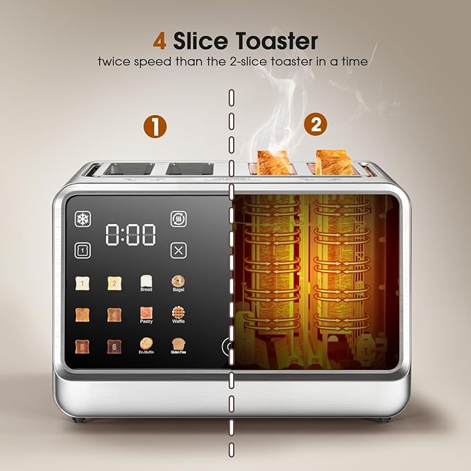 Digital Smart Toaster 4 Slice, Dual Touchscreen with Independent Control | Wide Slot for Bagel, Bread and More | 1800W, 6 Browning Levels, Defrost, Reheat, Single-Slice Function | Stainless Steel