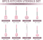 TeamFar Kitchen Utensils Set of 8, Silicone Utensils Kitchen Tools Set with Stainless Steel Handle, for Frying Serving Flipping Draining, Non-toxic & Heatproof, Nonstick & Dishwasher Safe - Pink