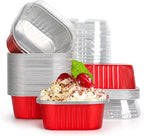 EUSOAR Disposable Ramekins with lids, 10oz 50pcs Square Baking Cups with Lids, 300ml Muffin Liners Snacks Desserts Flan, Pie Ramekin, Recyclable Catering Gathering Wedding Party Favor Baking Cups-Red