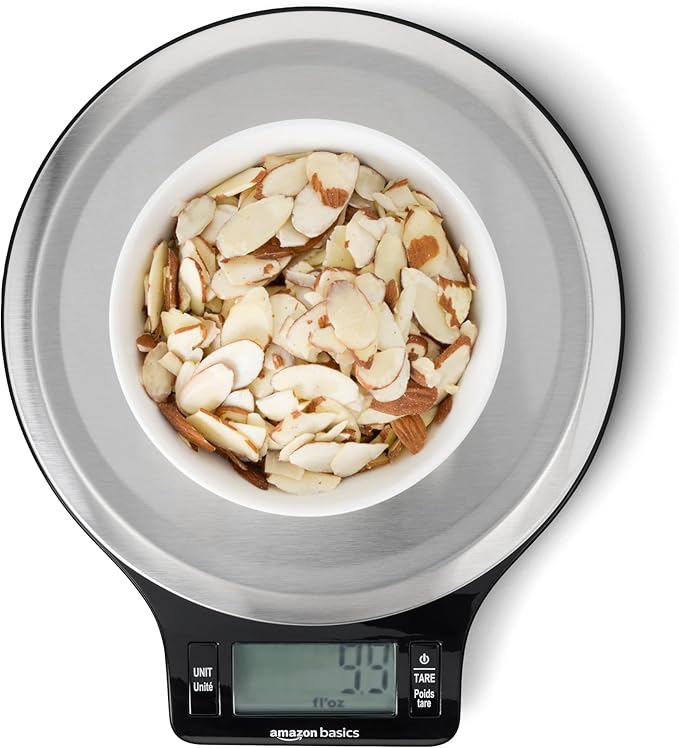 Amazon Basics Digital Kitchen Scale with LCD Display, Batteries Included, Weighs up to 11 pounds, Black and Stainless Steel