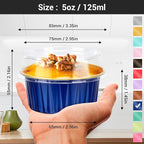 EUSOAR Aluminum Foil Baking Cups with Lids, Royal Blue 100pcs 5oz Creme Brulee Ramekins Disposable, Muffin Liners Cups，Mini Cheesecake Foil Pans Dessert Containers with Lids for Party Favor Birthday