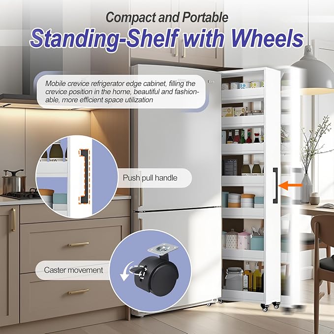 7-Tier Slim Storage Cart, Wooden Rolling Pantry Cabinet with Wheels, Narrow Shelf Organizer for Kitchen, Bakers Rack, Dining Room, Closet, Small Spaces Gray 47.2" H*5.9" W*16.9" D
