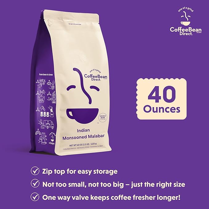 Coffee Bean Direct Indian Monsooned Malabar, Whole Bean Coffee, Light Roast, 2.5 Pound Bag (Pack of 1)