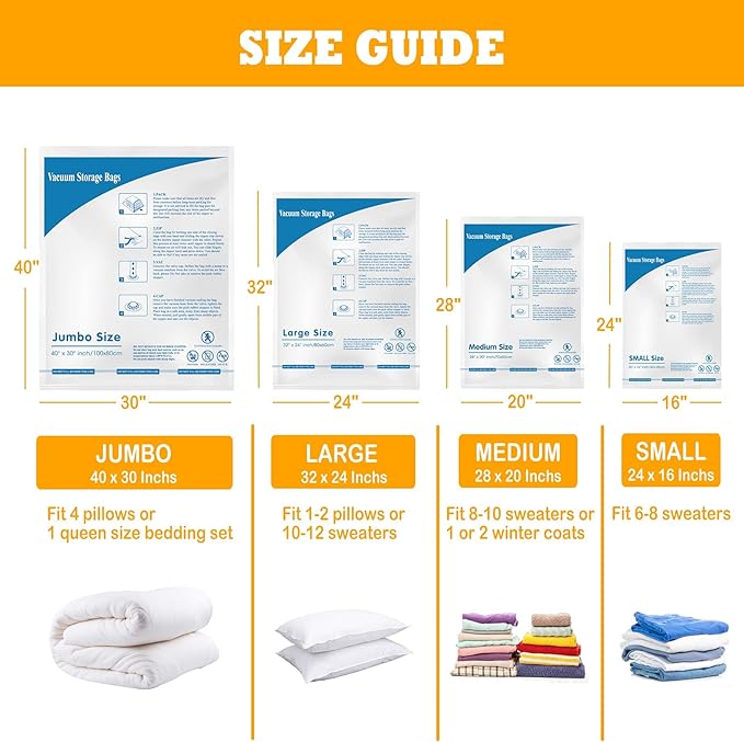 Vacuum Storage Bags 12 Jumbo, Space Saver Sealer Bags, Airtight Compression Bags for Clothes, Pillows, Comforters, Blankets, Bedding