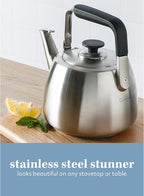 Sur La Table Kitchen Essentials 2 Qt Heavy Gauge Brushed Stainless Steel Whistling Tea Kettle – Durable Stovetop Kettle