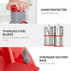 4-in-1 Rotary Cheese Grater Handheld, Lightweight Body with 4 Stainless Steel Blades & Non-Slip Suction Base, for Shredding Parmesan, Slicing Vegetables, Grating Chocolate（Red）