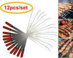 Premium Stainless Steel Barbecue Skewers BBQ Outdoor Grill Skewer stick with Solid Wood Handle for Grilling Shish Kebob Koubideh Persian Brazilian Kebab 1" wide and 24" long (12pcs)
