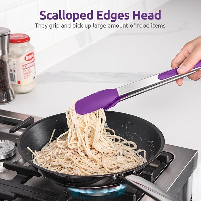 600ºF Heat Resistant Kitchen Tongs: U-Taste 9+12 inch Silicone Cooking Tong Set with Firm Sealed Non Stick Rubber Tips and Silicon Coated 18/8 Stainless Steel Handle for Serving Grilling Salad(Purple)