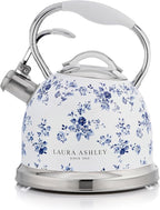 VQ Laura Ashley China Rose 2.5L Stainless Steel Tea Kettle Stovetop Whistling Teapot for Induction, Gas Hob or others. Silicon Coated Cool Handle & Push Button Mechanism Vintage Stove Top Kettle
