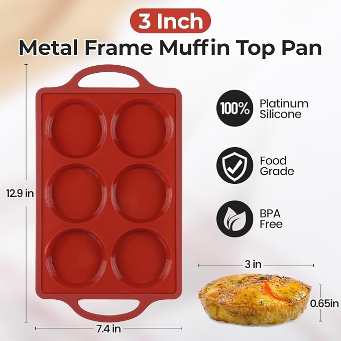CAKETIME Muffin Top Pan, 3 Inch Metal Reinforced Frame Silicone Egg Molds for Breakfast Sandwiches Non Stick Round Silicone Egg Pan for Baking English Muffins, Whoopie Pies, Corn Bread, Tarts Brown