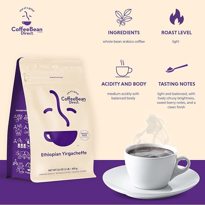 Coffee Bean Direct Ethiopian Yirgacheffe, Whole Bean Coffee, Light Roast, 1 Pound Bag (Pack of 1)