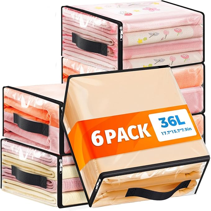 SpaceWhisper 6 Pack Clear Storage Bags, Plastic Blanket Storage Bags with Zipper and Handle, Moving Bags for Comforter, Bedding & Clothes, Closet Organizer and Under Bed Storage (17.7x15.7x7.9 Inch)