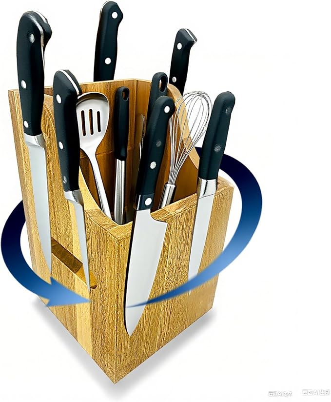 Magnetic Wooden Knife Block for Kitchen without Knives - 360° Rotating Knife Holder with Strong Enhanced Magnets Extra Large Capacity Knife Storage Organizer for Knives Utensils