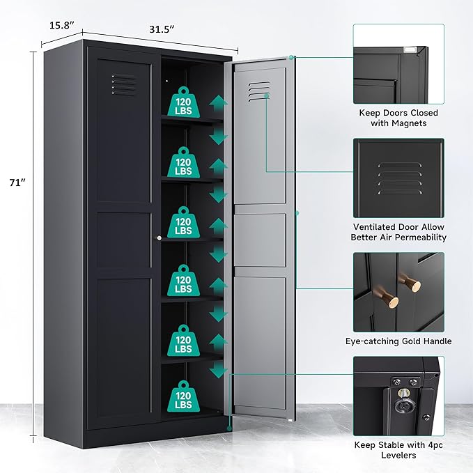 SISESOL Black Storage Cabinet,71" Tall Pantry Cabinet,Kitchen Pantry Storage Cabinets with 2 Doors and 6 Shelves,Wide Deep Metal Food Cupboard for Home,Kitchen,Dining/Living Room