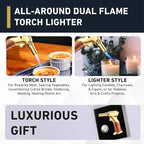 Dual Flame Butane Torch Gun – Refillable Handheld Mini Blow Torch for Cooking, Crème Brûlée, Welding, Soldering, Resin Art – Adjustable Flame & Ignition Lock–Limited Gold Brown by inZaynity