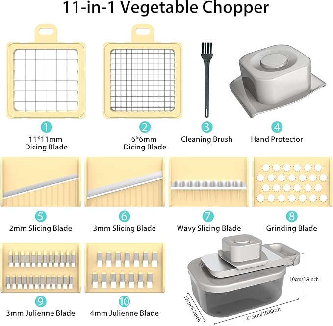 11-in-1 Mandoline Slicer for Kitchen, Food Chopper with Container, Vegetable Dicer Onion Slicer, Veggie Cutter for Fruit Salad Kitchen Gadgets Essential Tools (Beige)