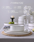 Famiware Nebula Plates and Bowls Sets for 4, 12 Pieces Stoneware Dinnerware Set, Microwave and Dishwasher Safe Dishes Set, White with Black Rim