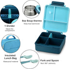 Bento Lunch Box for Kids with 8oz Soup Thermo&Lunch Bag, Leak-Proof Lunch Food Containers with 4 Compartment, Hot Food Insulated Food Jar for Kids School (Blue)
