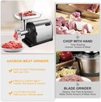 AAOBOSI #10 Meat Grinder Electric [3000W] Heavy Duty Stainless Steel Meat Mincer with 3 Grinding Plates, 3 Sausage Stuffer Tubes & Kubbe Attachments,Easy One-Button Control