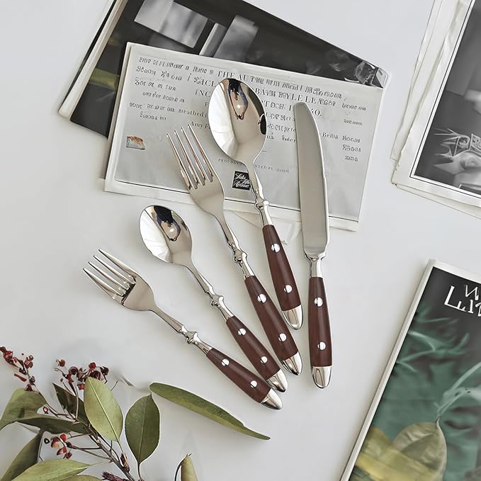 20-Piece Silverware Set Service for 4 with Two Rivets, Vintage Flatware Set, Stainless Steel Cutlery Set with Wood Grain Bakelite Handle,Dishwasher Safe, Light Brown Color