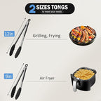 Kitchen Tongs, Stainless Steel Silicone Tongs for Cooking 600ºF High Heat-Resistant BBQ Grilling Locking Tongs, Set of 2-9" and 12" Black
