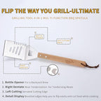 4-in-1 BBQ Spatula, Multifunction Grill Spatula with Wooden Handle, perfect for BBQ grills and kebabs for camping picnics
